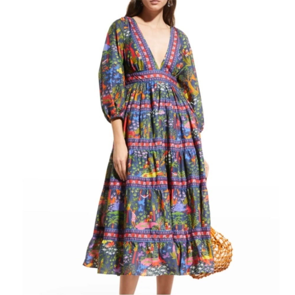 FARM Rio Animal Utopia Floral Jungle Print Puff Sleeve Midi Dress XS NWT - Picture 6 of 11